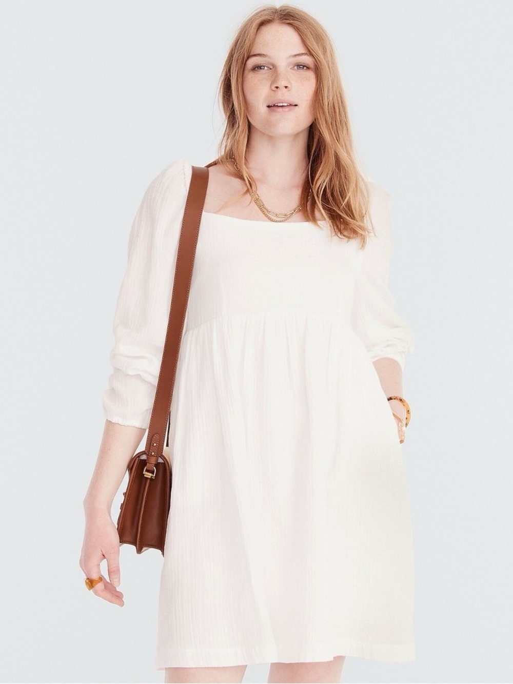 Crew soft gauze mini dress with a square neck and long puff sleeves size S
